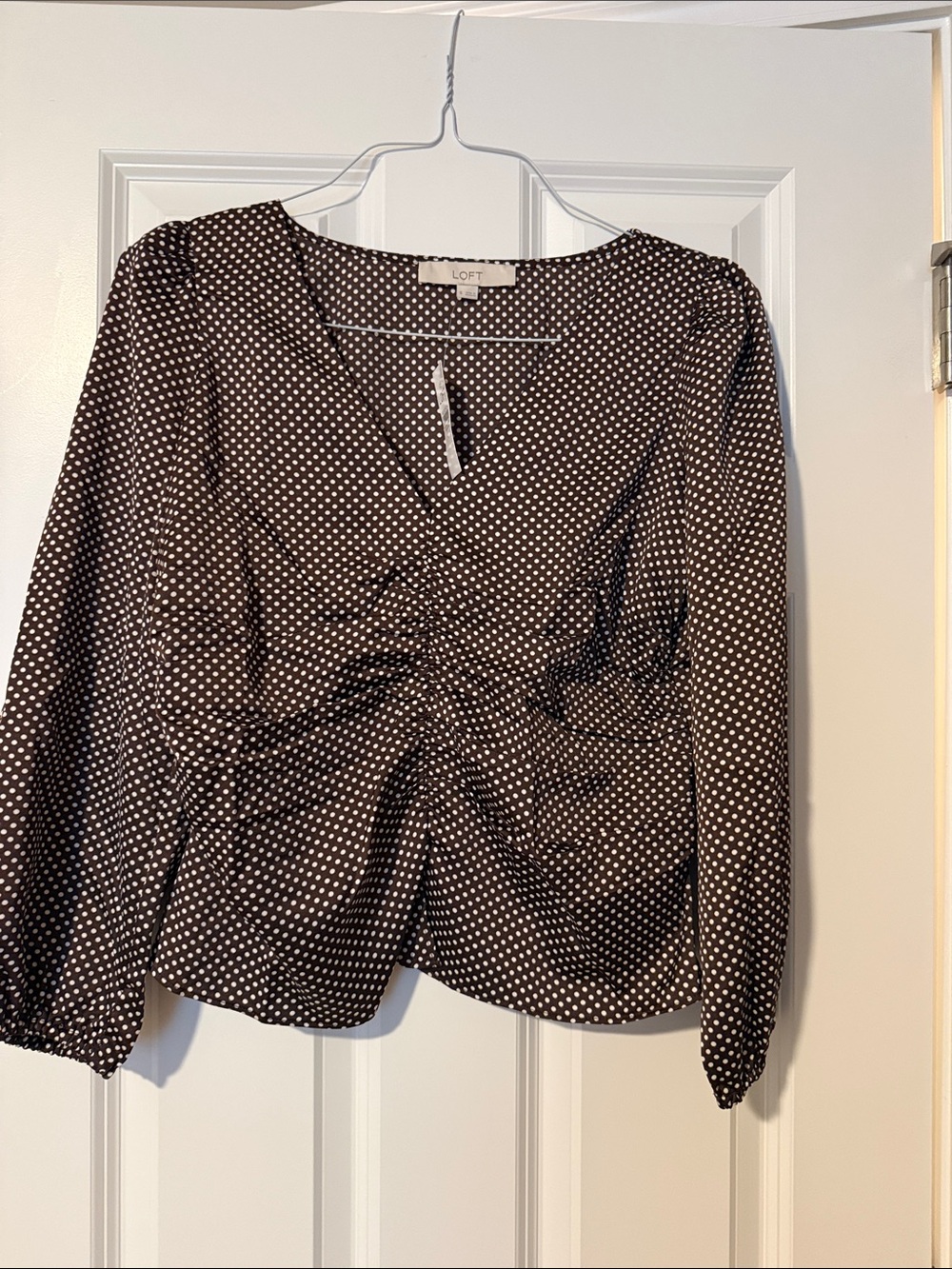LOFT Brown and White Polka Dot V-Neck Blouse